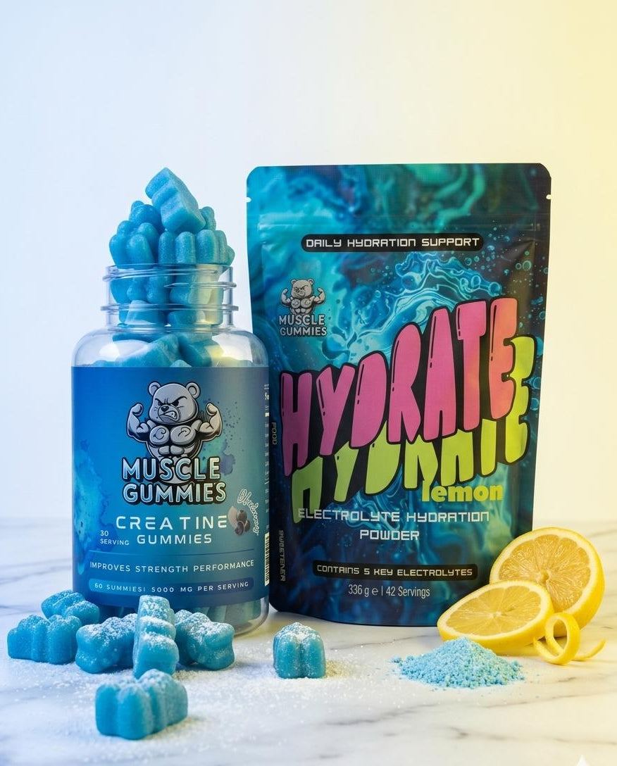 Muscle Gummies Ultimate Performance Bundle - Creatine Monohydrate Gummies 5000mg and Hydrate Lemon Electrolyte Powder for Strength, Muscle Growth and Daily Hydration Support