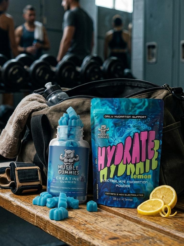 Muscle Gummies Ultimate Performance Bundle - Creatine Monohydrate Gummies 5000mg and Hydrate Lemon Electrolyte Powder for Strength, Muscle Growth and Daily Hydration Support