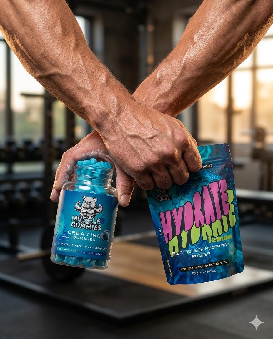 Muscle Gummies Ultimate Performance Bundle - Creatine Monohydrate Gummies 5000mg and Hydrate Lemon Electrolyte Powder for Strength, Muscle Growth and Daily Hydration Support
