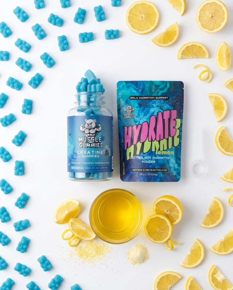 Muscle Gummies Ultimate Performance Bundle - Creatine Monohydrate Gummies 5000mg and Hydrate Lemon Electrolyte Powder for Strength, Muscle Growth and Daily Hydration Support