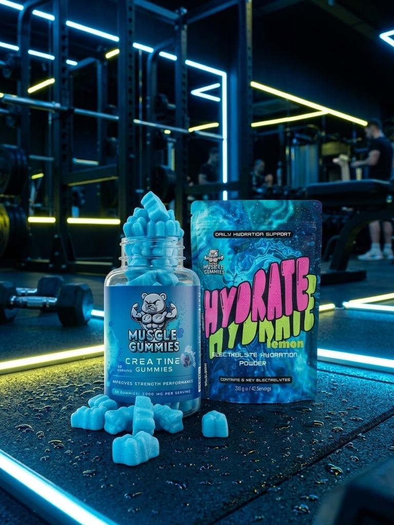 Muscle Gummies Ultimate Performance Bundle - Creatine Monohydrate Gummies 5000mg and Hydrate Lemon Electrolyte Powder for Strength, Muscle Growth and Daily Hydration Support