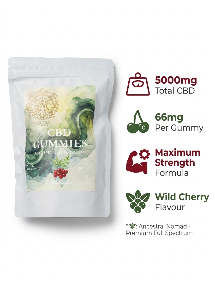 Ancestral Nomad CBD Gummies | Wild Cherry Flavour | 5000mg | Broad Spectrum | Natural Wellness Supplement UK