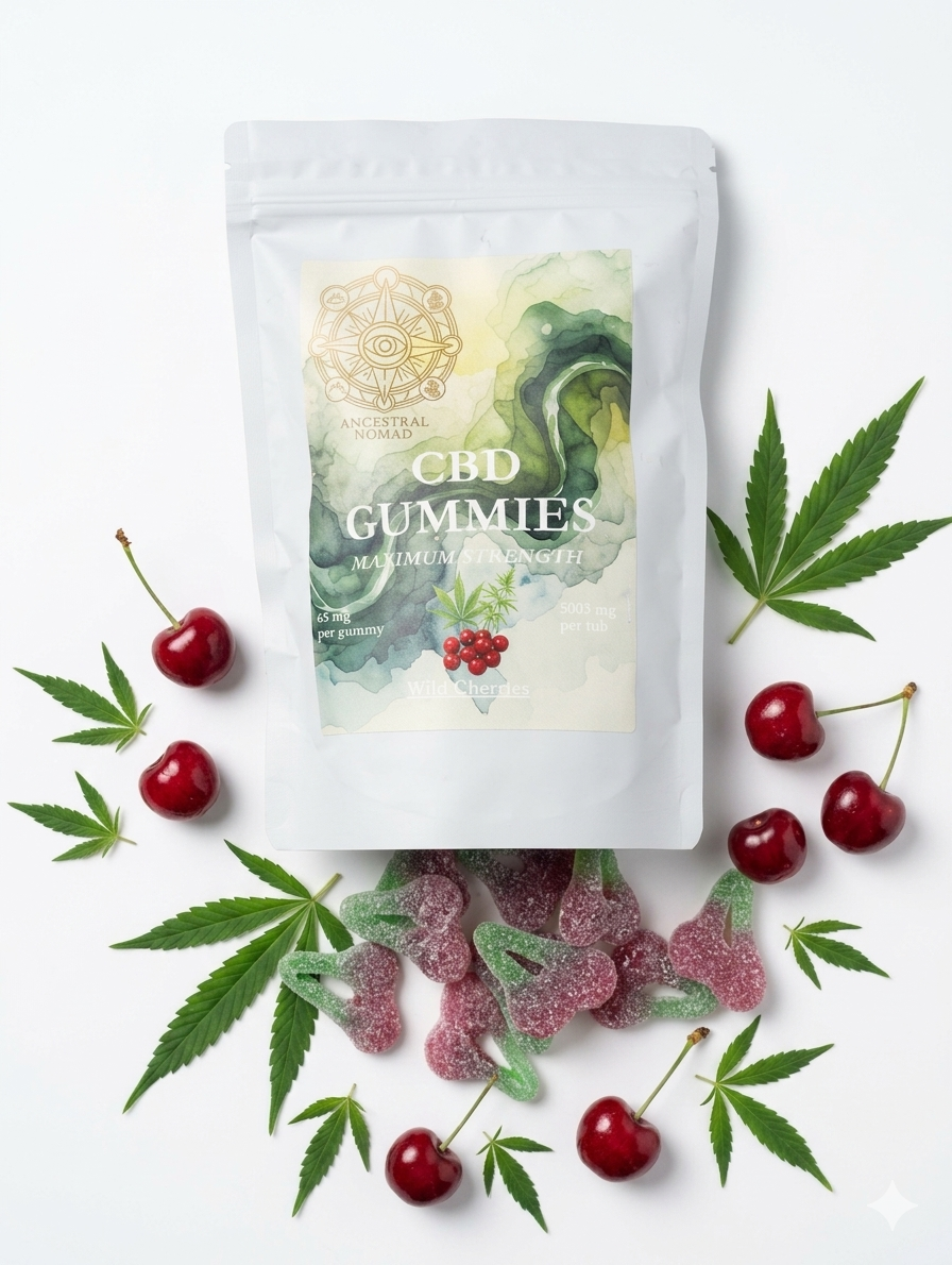 Ancestral Nomad CBD Gummies | Wild Cherry Flavour | 5000mg | Broad Spectrum | Natural Wellness Supplement UK