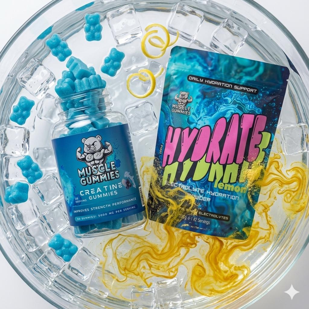 Muscle Gummies Ultimate Performance Bundle - Creatine Monohydrate Gummies 5000mg and Hydrate Lemon Electrolyte Powder for Strength, Muscle Growth and Daily Hydration Support